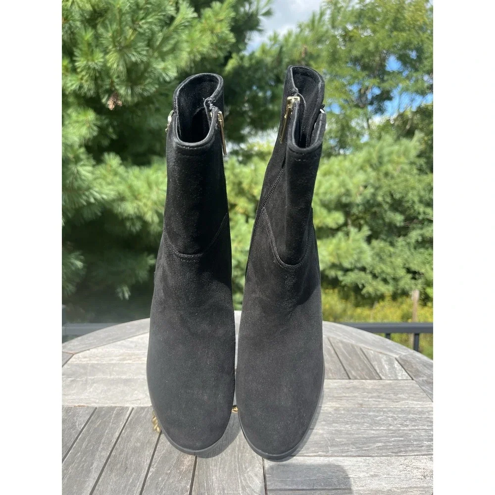 Jones New York Byberry Boots Womens Sz 7.5 Midcalf Black Suede Block Heel Buckle